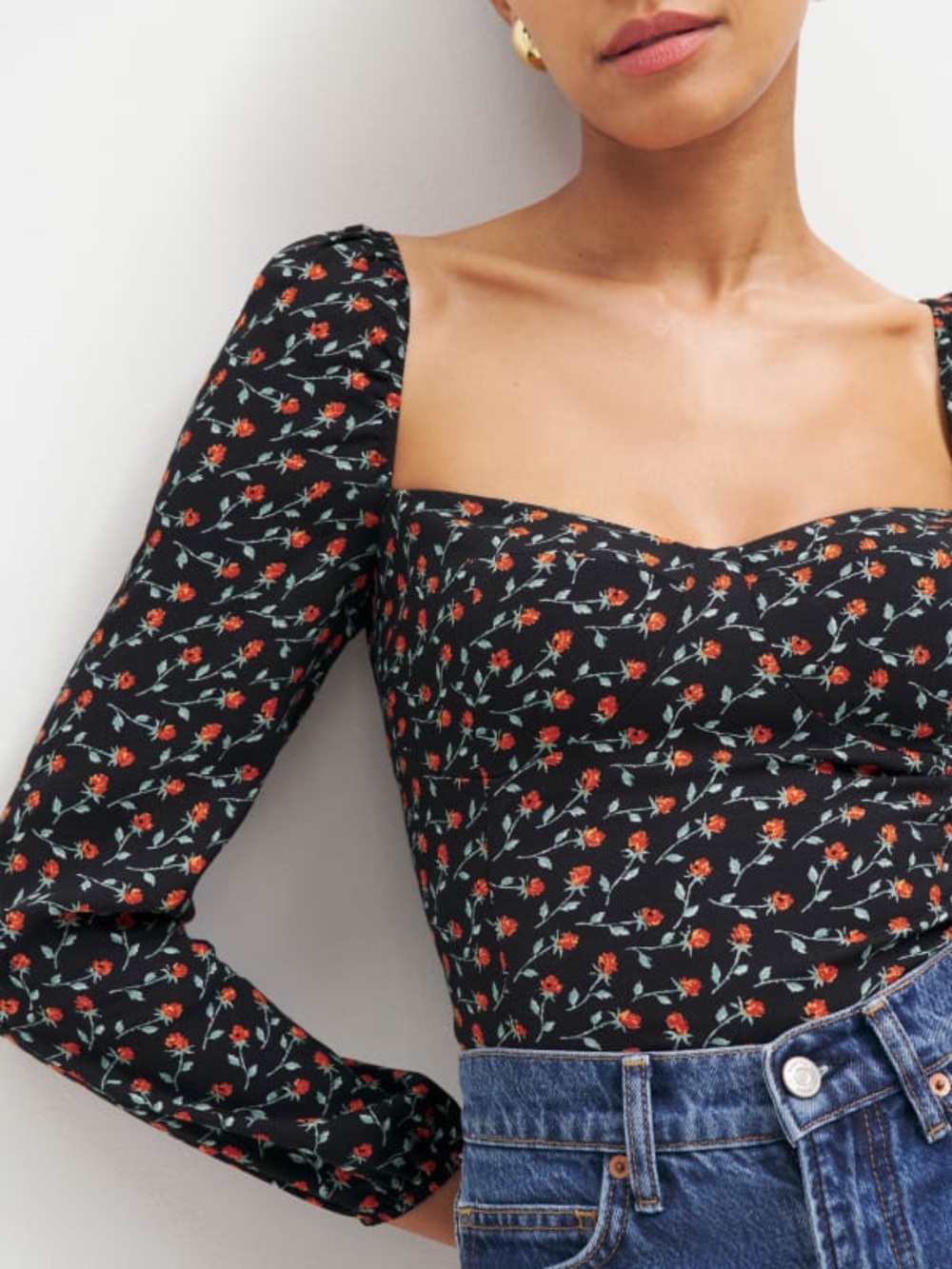 Reformation Reign Black Floral Square-Neck Long-Sleeve Top